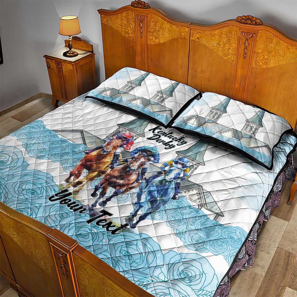 Kentucky Horse Racing Personalized Quilt Bed Set Churchill Downs Roses Pastel Blue
