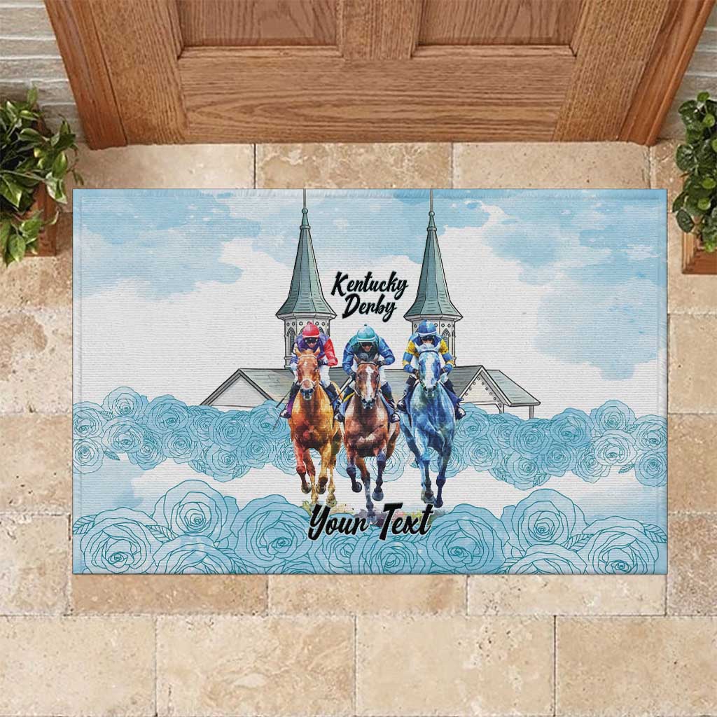 Kentucky Horse Racing Personalized Rubber Doormat Churchill Downs Roses Pastel Blue