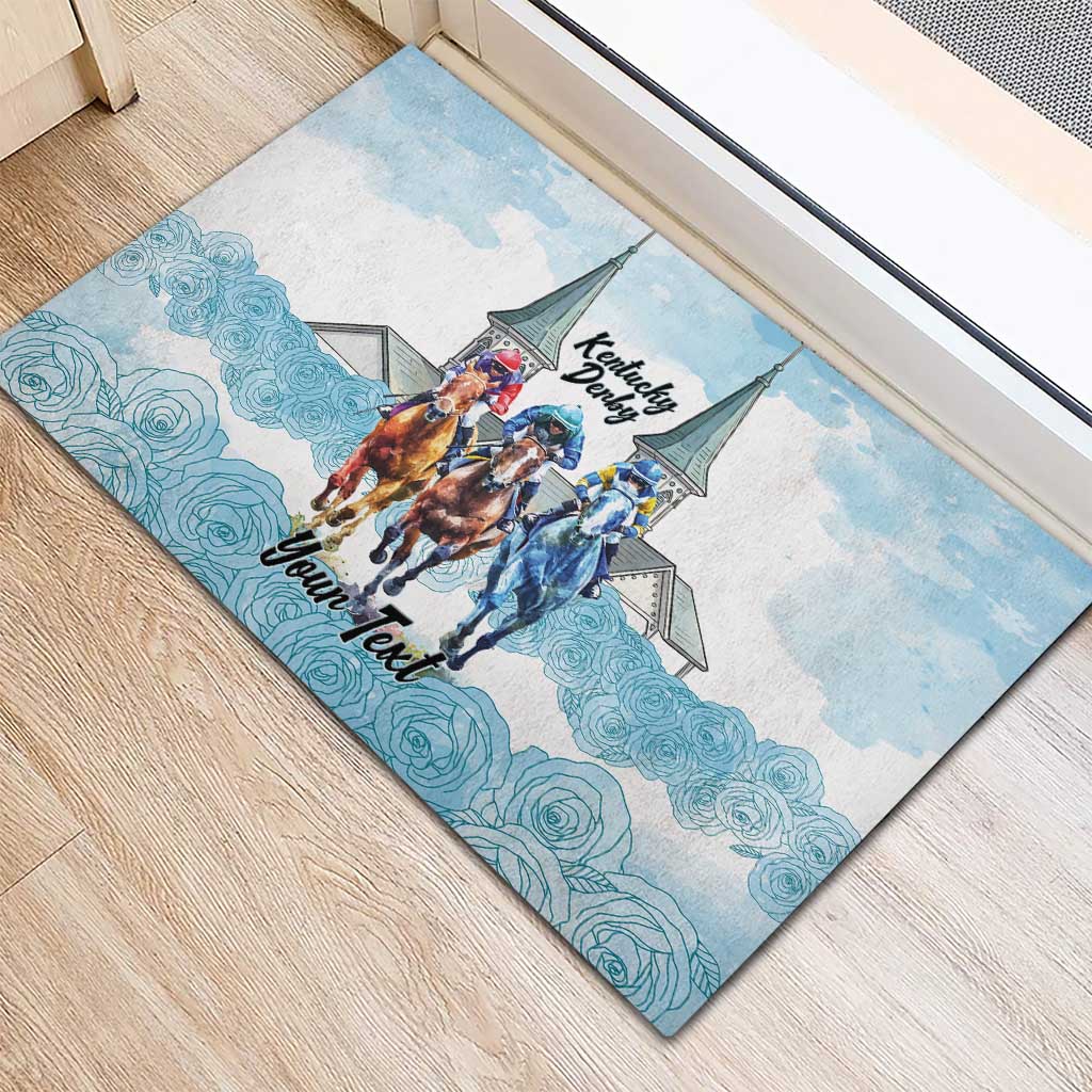 Kentucky Horse Racing Personalized Rubber Doormat Churchill Downs Roses Pastel Blue