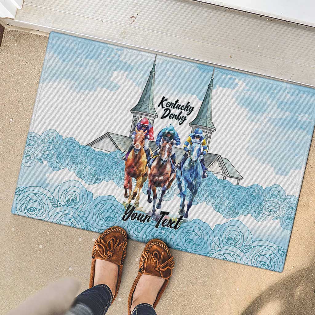 Kentucky Horse Racing Personalized Rubber Doormat Churchill Downs Roses Pastel Blue