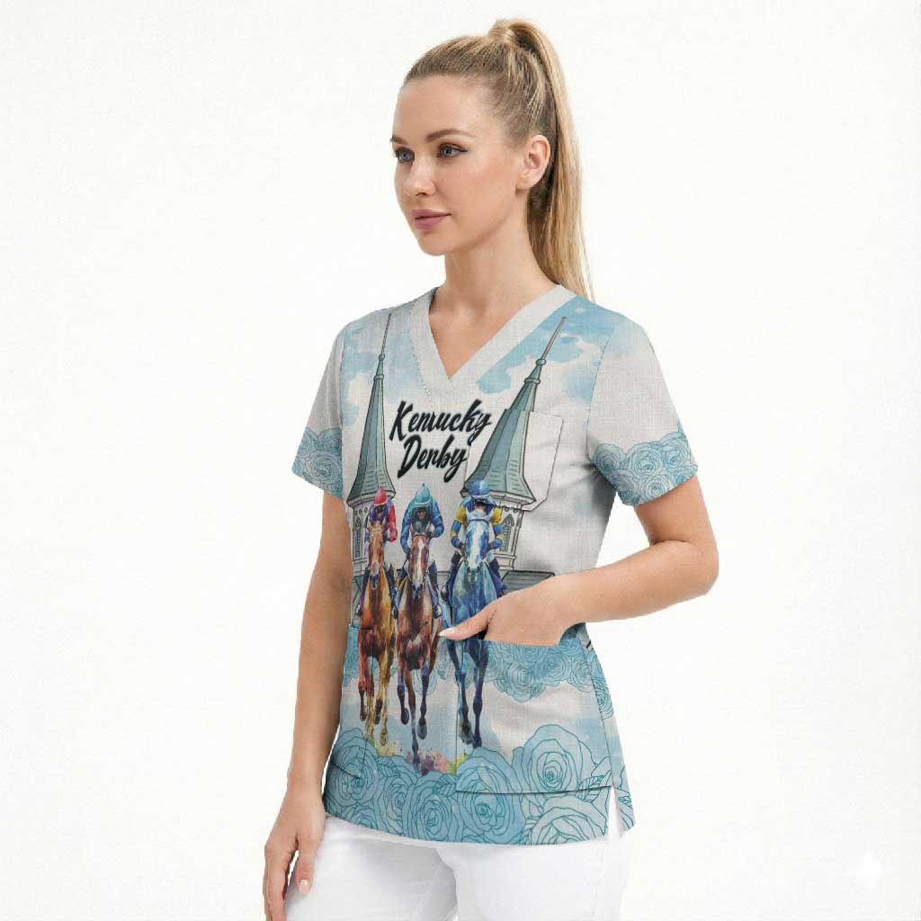 Kentucky Horse Racing Personalized Scrub Top Churchill Downs Roses Pastel Blue