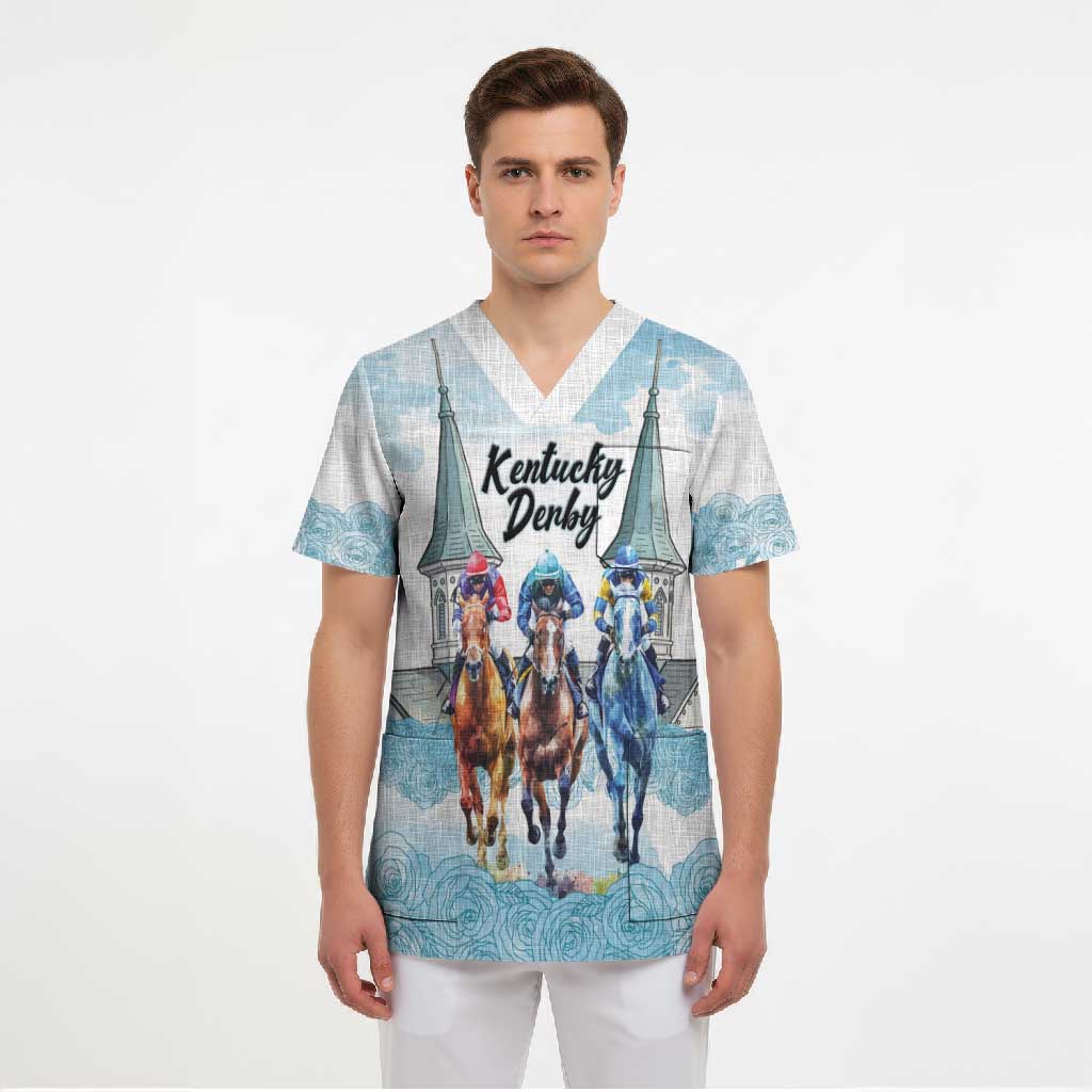 Kentucky Horse Racing Personalized Scrub Top Churchill Downs Roses Pastel Blue