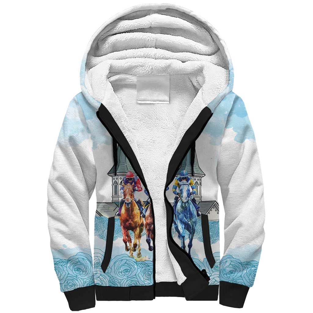 Kentucky Horse Racing Personalized Sherpa Hoodie Churchill Downs Roses Pastel Blue