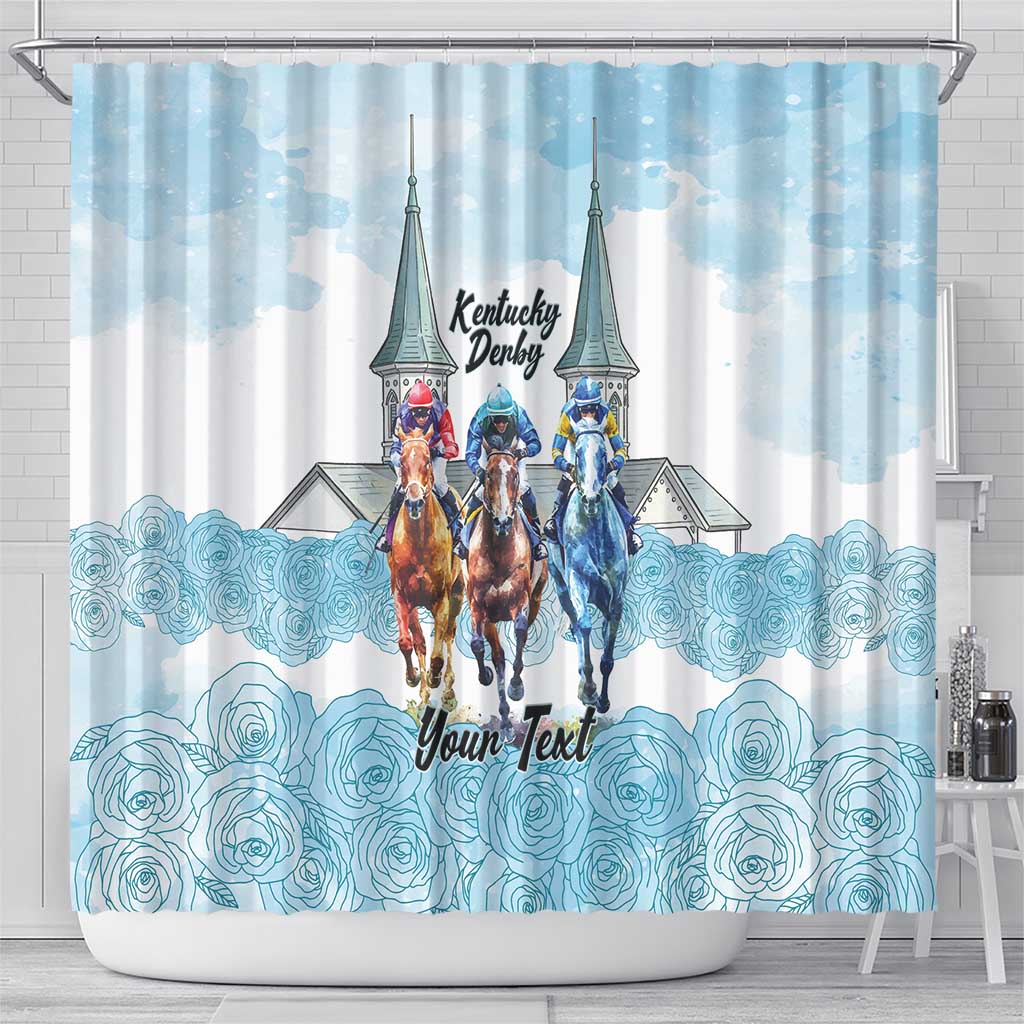 Kentucky Horse Racing Personalized Shower Curtain Churchill Downs Roses Pastel Blue
