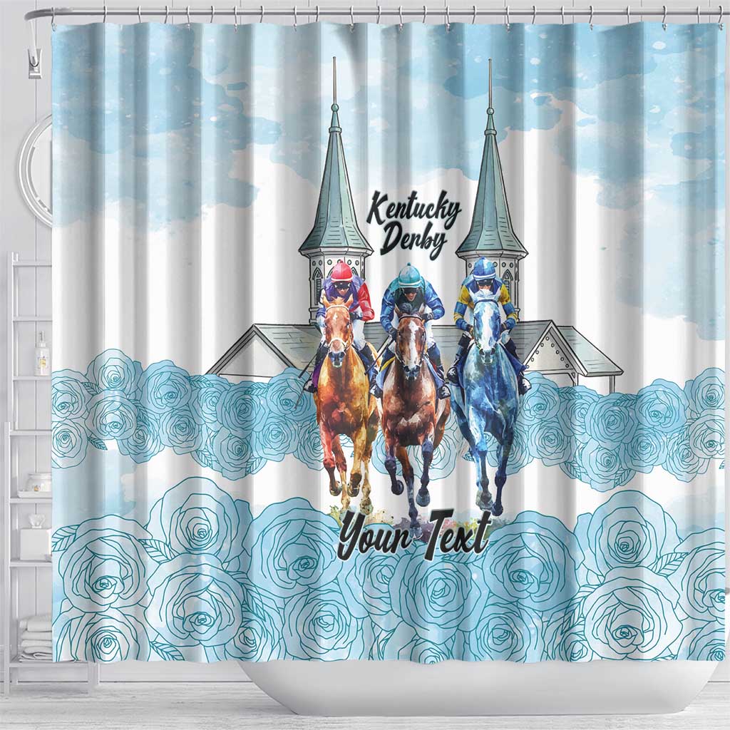 Kentucky Horse Racing Personalized Shower Curtain Churchill Downs Roses Pastel Blue