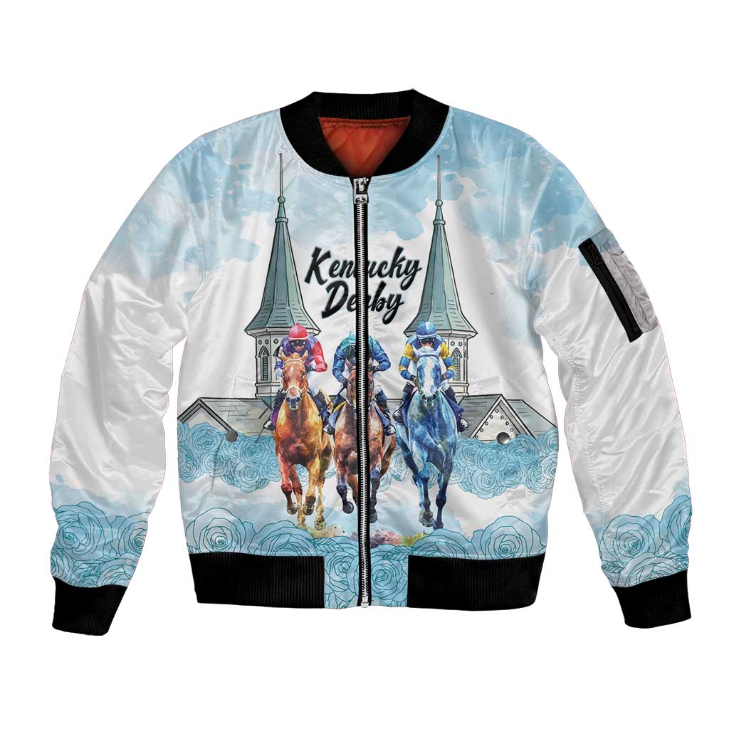 Kentucky Horse Racing Personalized Sleeve Zip Bomber Jacket Churchill Downs Roses Pastel Blue