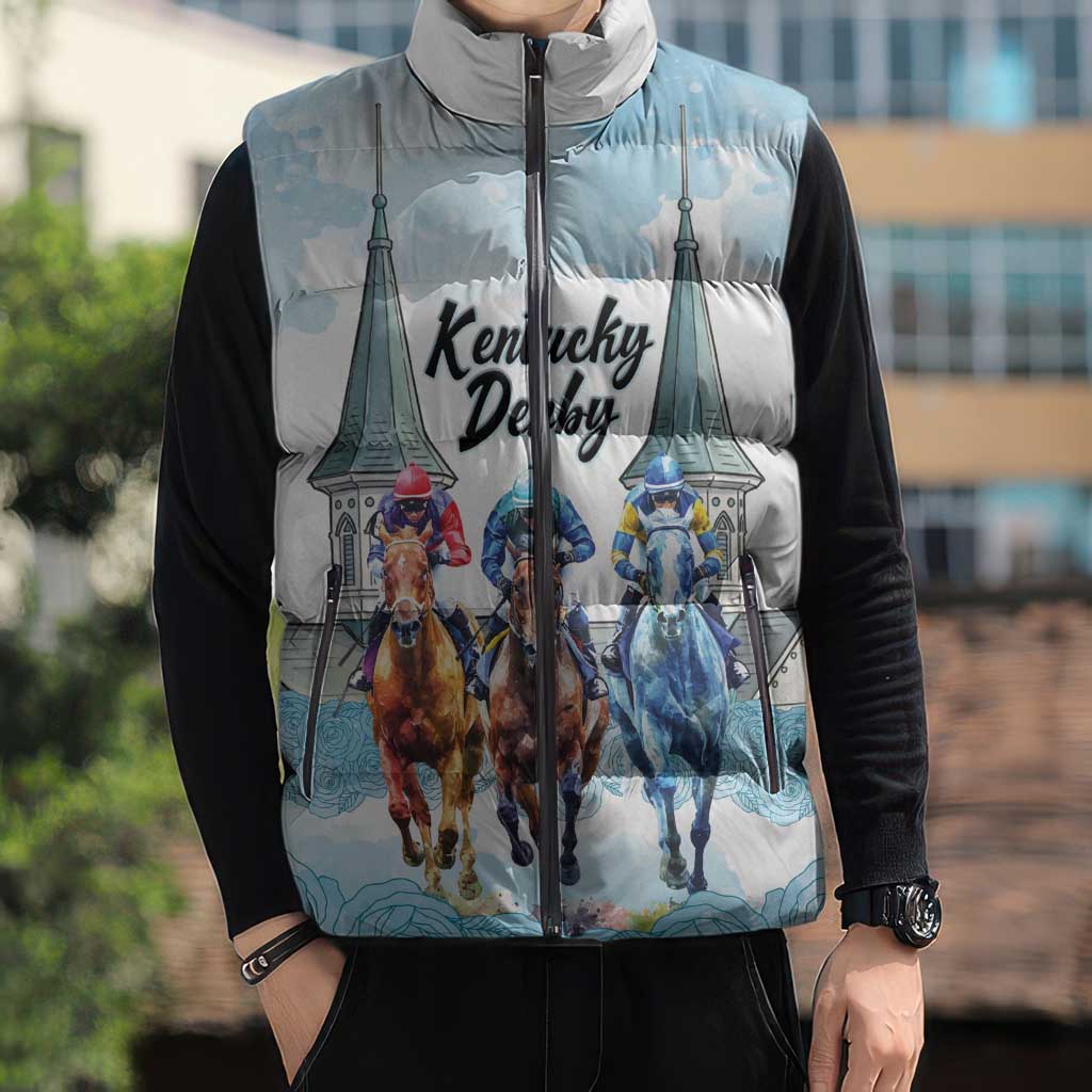 Kentucky Horse Racing Personalized Sleeveless Puffer Jacket Churchill Downs Roses Pastel Blue
