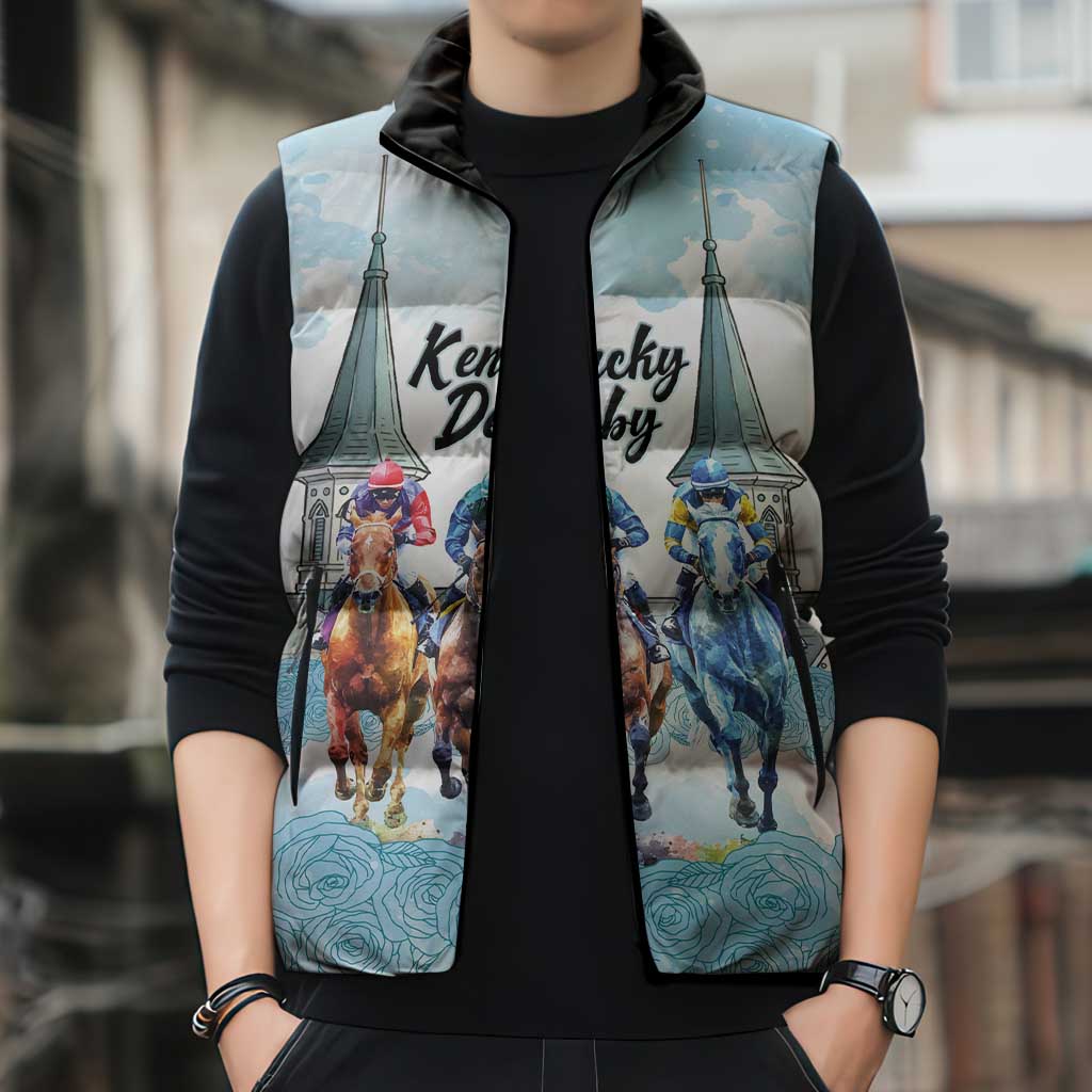 Kentucky Horse Racing Personalized Sleeveless Puffer Jacket Churchill Downs Roses Pastel Blue
