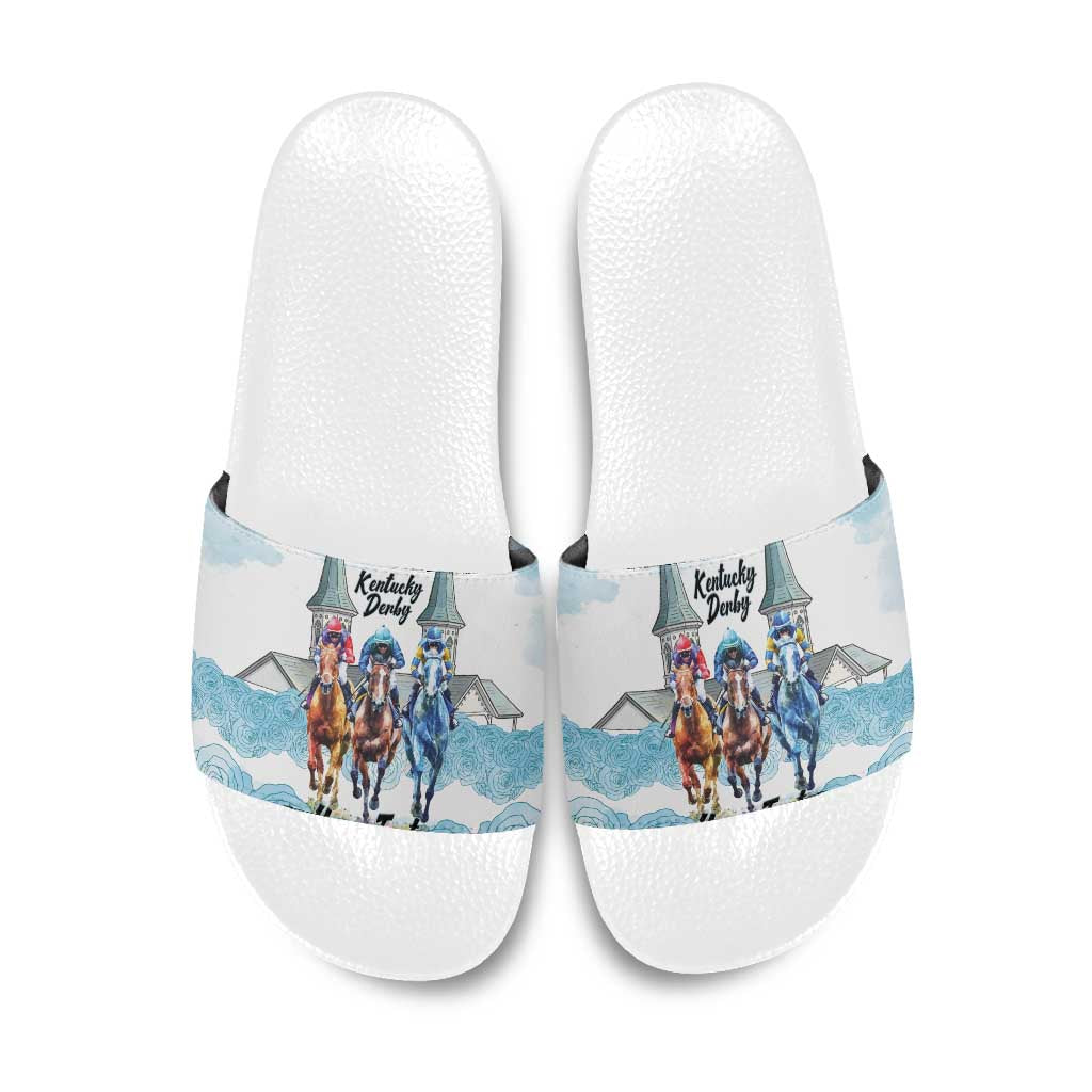 Kentucky Horse Racing Personalized Slide Sandals Churchill Downs Roses Pastel Blue
