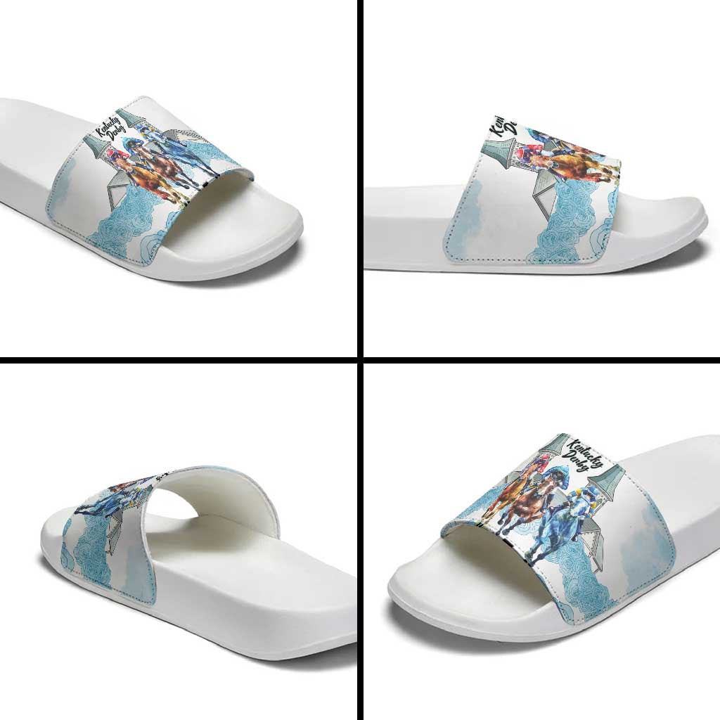 Kentucky Horse Racing Personalized Slide Sandals Churchill Downs Roses Pastel Blue