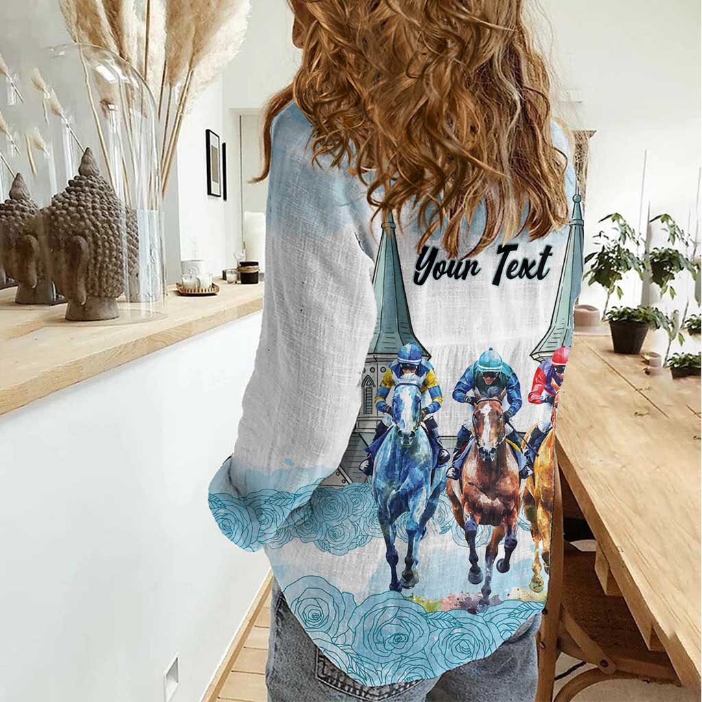Kentucky Horse Racing Personalized Women Casual Shirt Churchill Downs Roses Pastel Blue