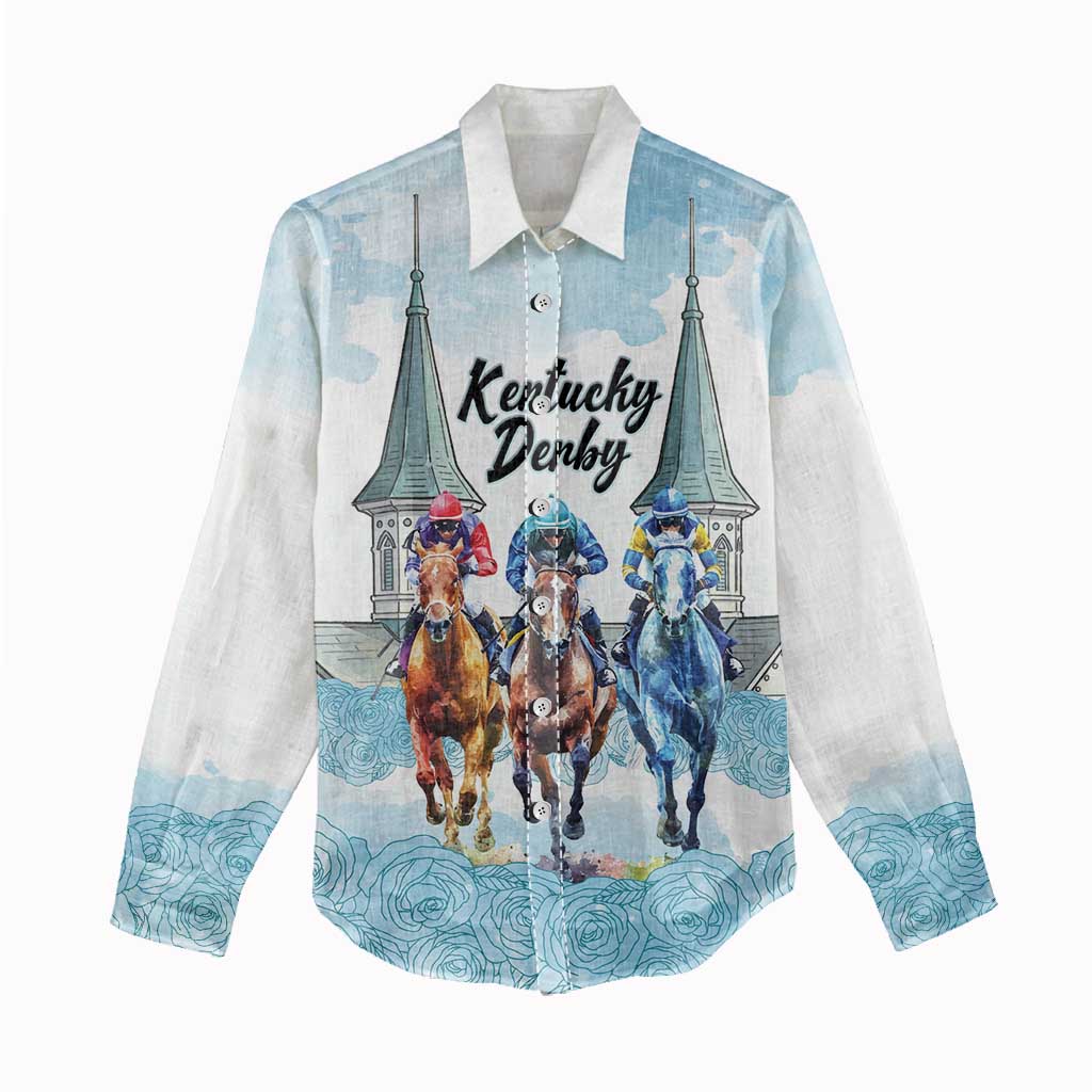 Kentucky Horse Racing Personalized Women Casual Shirt Churchill Downs Roses Pastel Blue