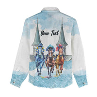 Kentucky Horse Racing Personalized Women Casual Shirt Churchill Downs Roses Pastel Blue