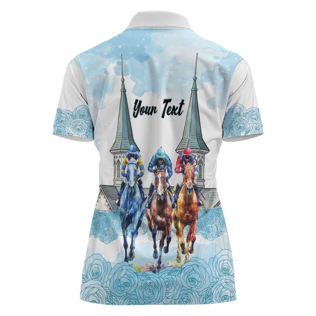 Kentucky Horse Racing Personalized Women Polo Shirt Churchill Downs Roses Pastel Blue