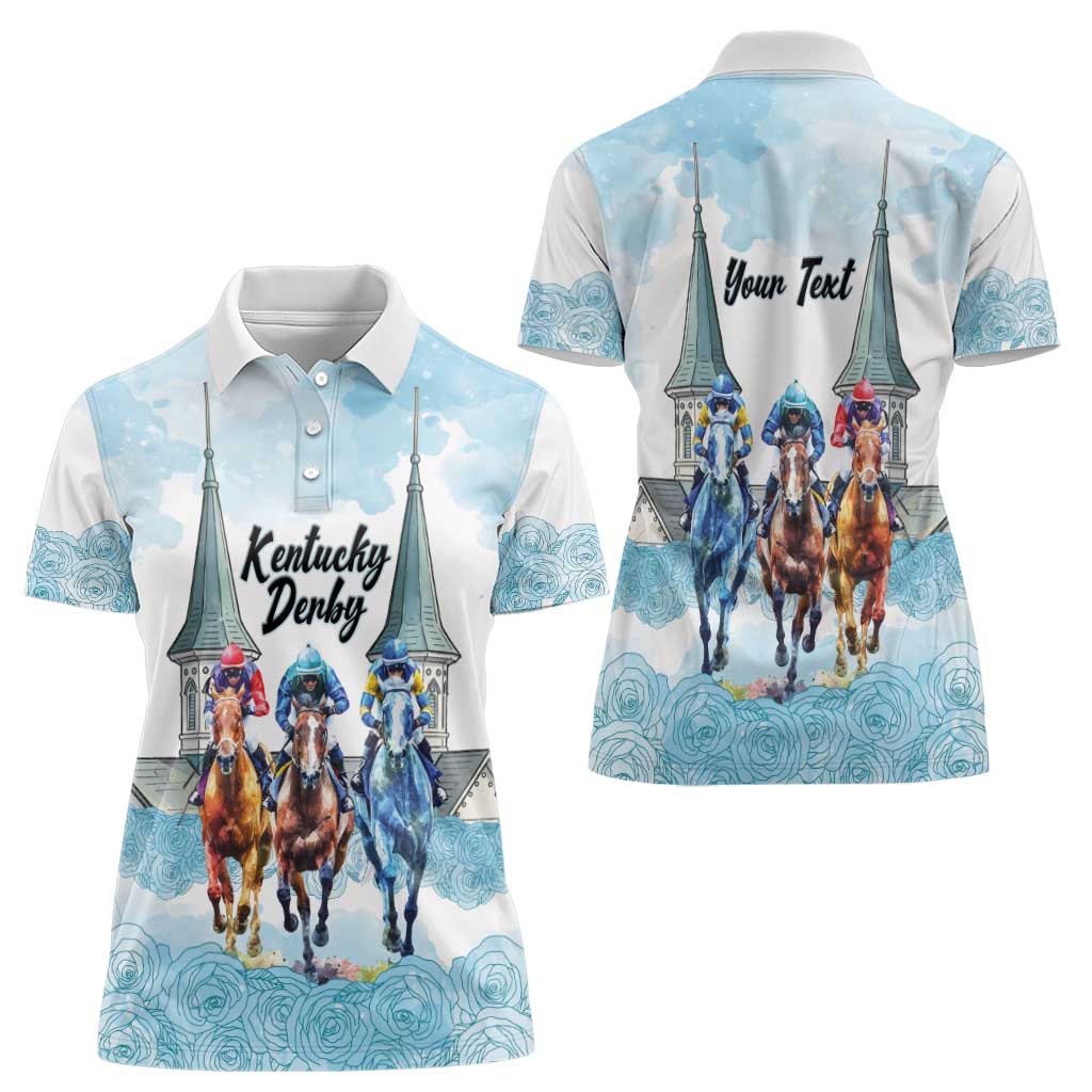 Kentucky Horse Racing Personalized Women Polo Shirt Churchill Downs Roses Pastel Blue
