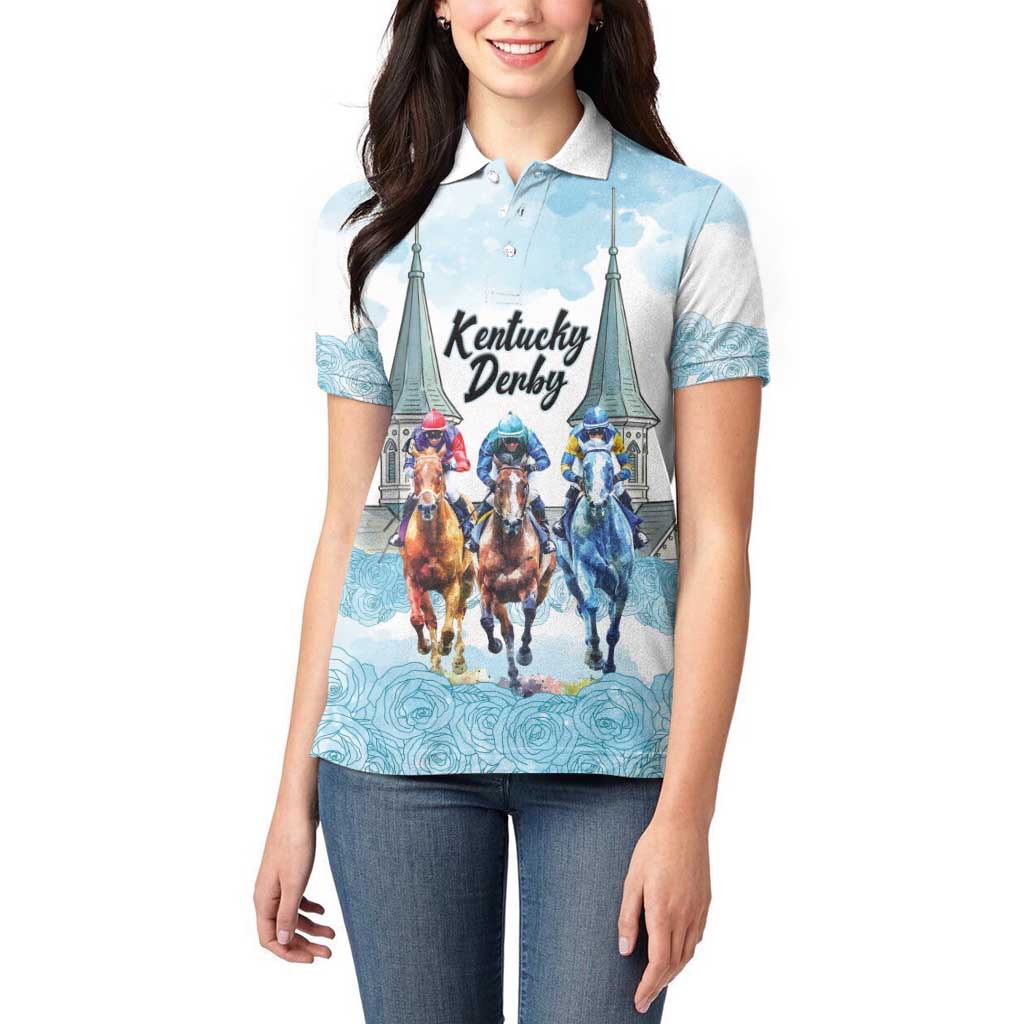 Kentucky Horse Racing Personalized Women Polo Shirt Churchill Downs Roses Pastel Blue