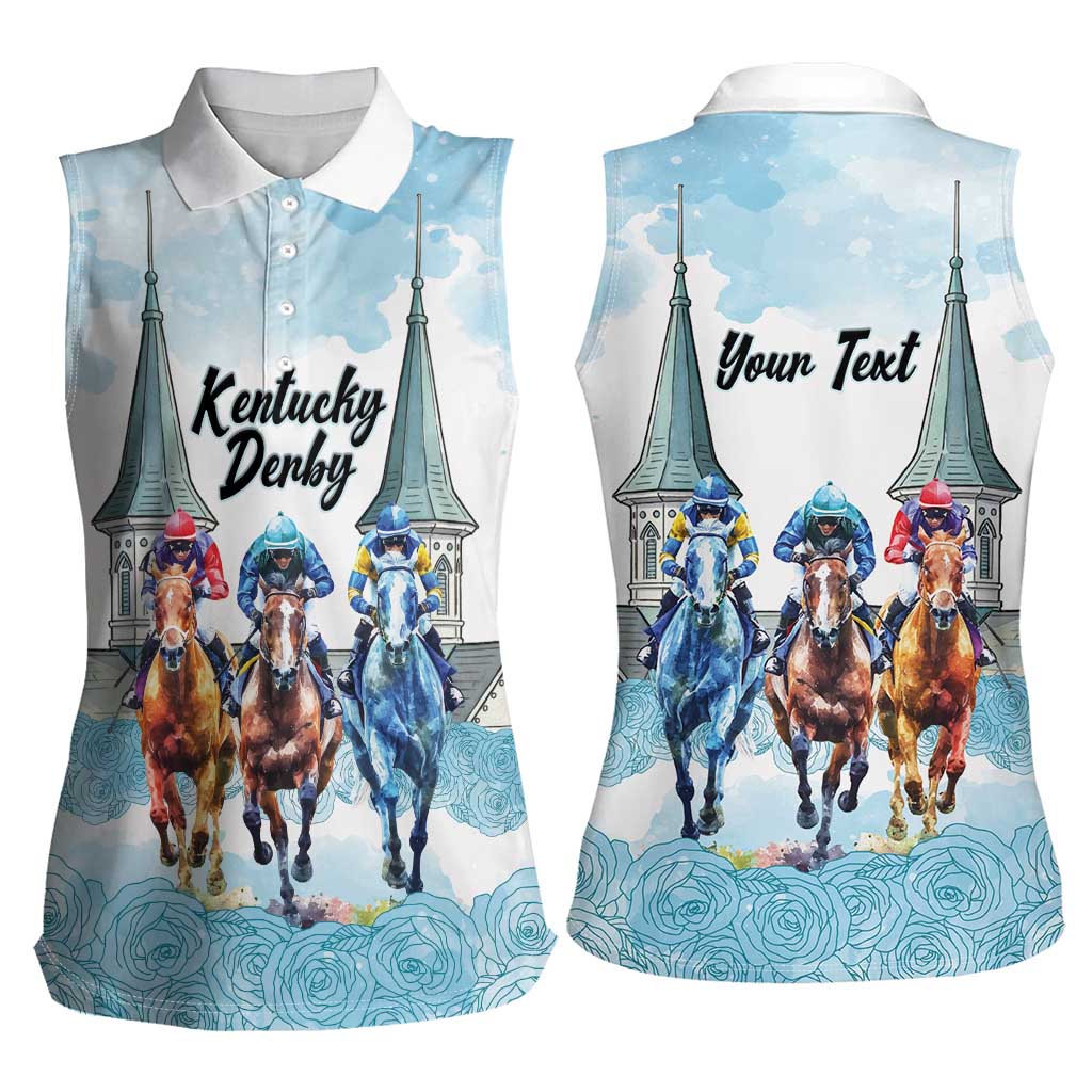 Kentucky Horse Racing Personalized Women Sleeveless Polo Shirt Churchill Downs Roses Pastel Blue