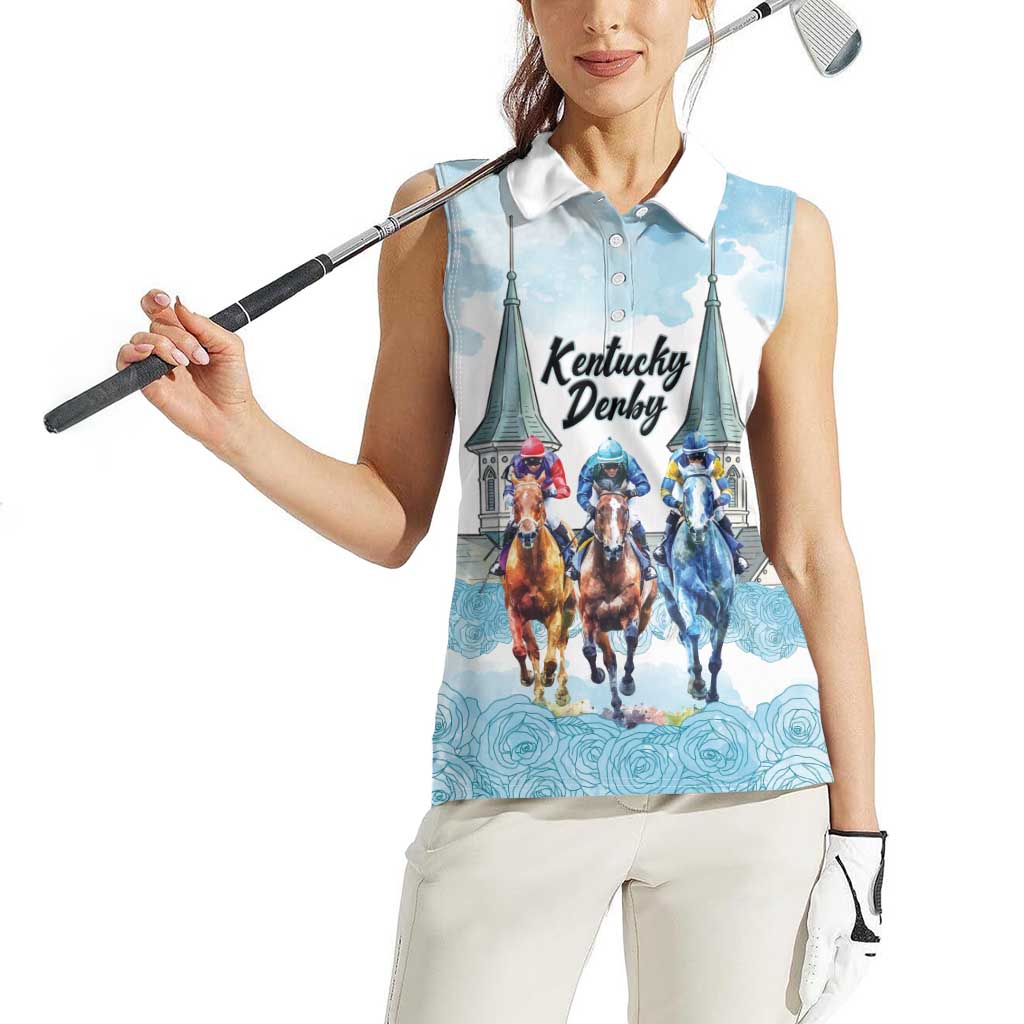 Kentucky Horse Racing Personalized Women Sleeveless Polo Shirt Churchill Downs Roses Pastel Blue