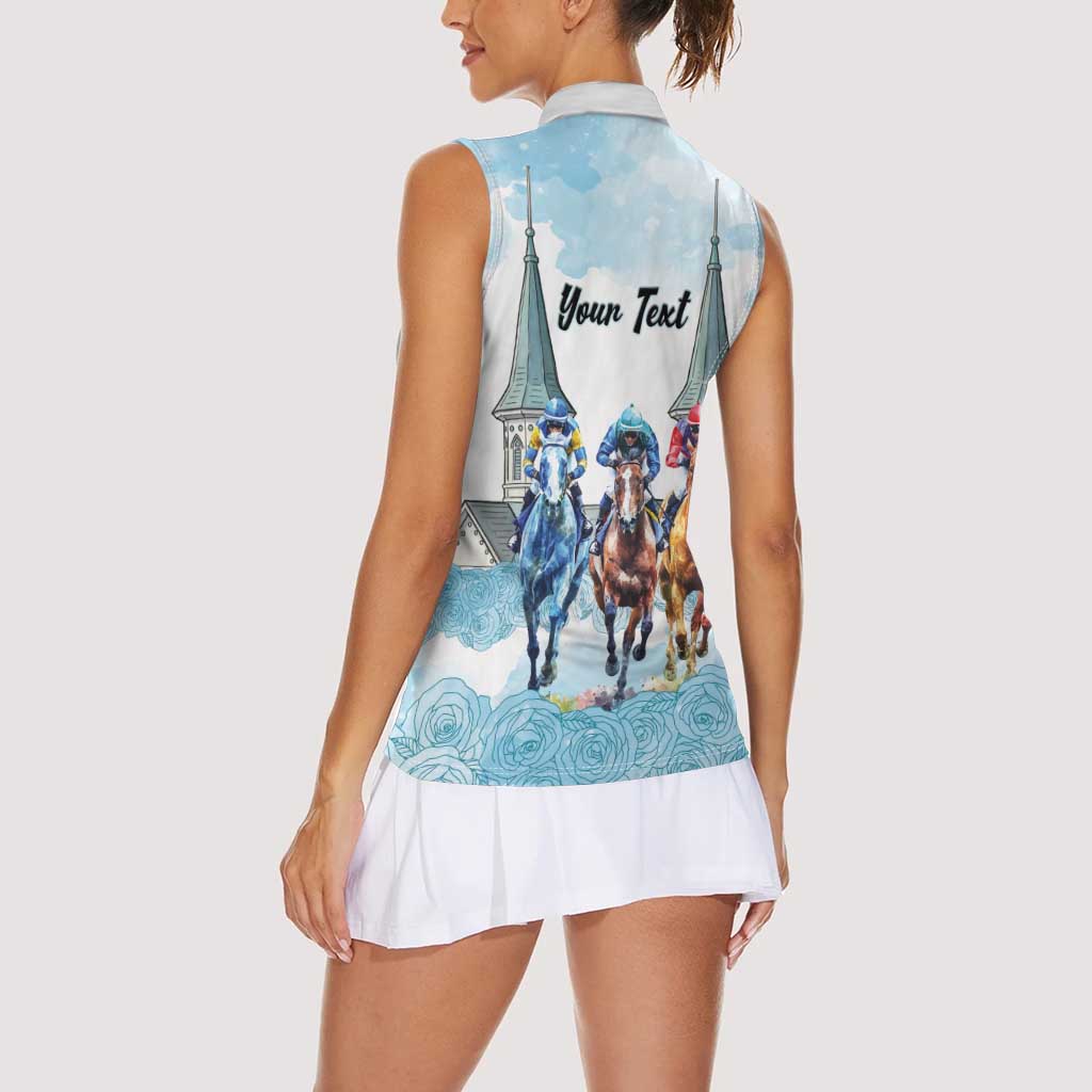 Kentucky Horse Racing Personalized Women Sleeveless Polo Shirt Churchill Downs Roses Pastel Blue