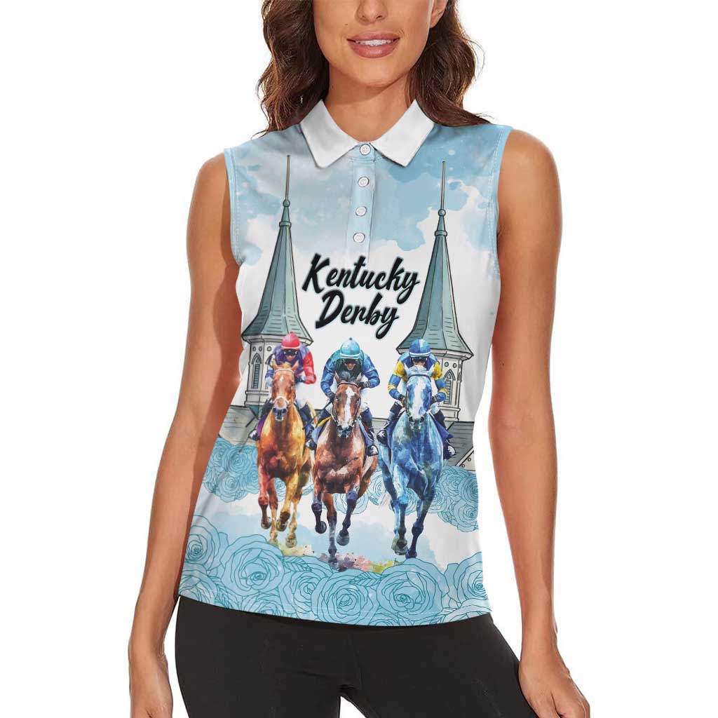 Kentucky Horse Racing Personalized Women Sleeveless Polo Shirt Churchill Downs Roses Pastel Blue