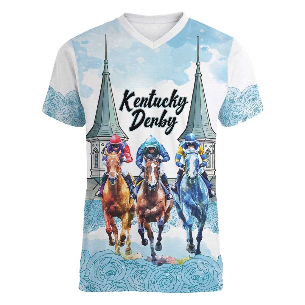 Kentucky Horse Racing Personalized Women V-Neck T-Shirt Churchill Downs Roses Pastel Blue
