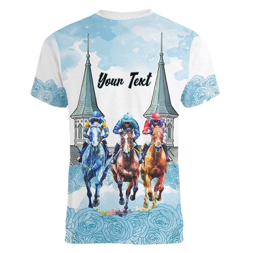 Kentucky Horse Racing Personalized Women V-Neck T-Shirt Churchill Downs Roses Pastel Blue