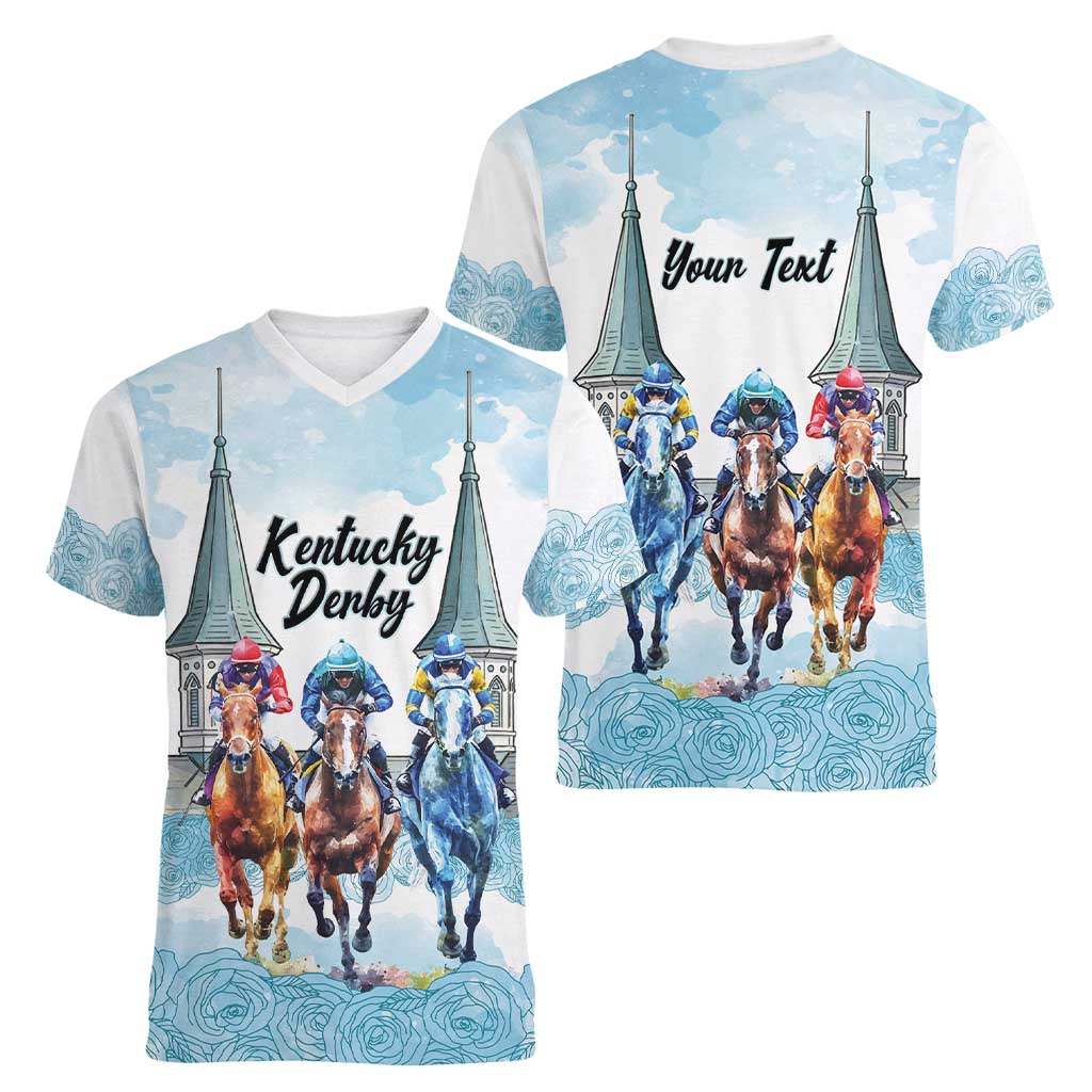 Kentucky Horse Racing Personalized Women V-Neck T-Shirt Churchill Downs Roses Pastel Blue