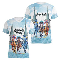 Kentucky Horse Racing Personalized Women V-Neck T-Shirt Churchill Downs Roses Pastel Blue