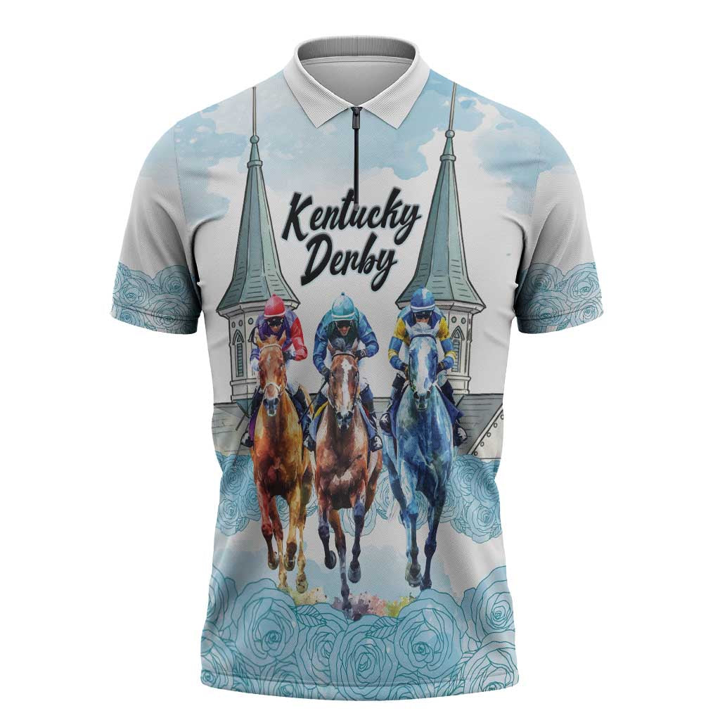 Kentucky Horse Racing Personalized Zipper Polo Shirt Churchill Downs Roses Pastel Blue