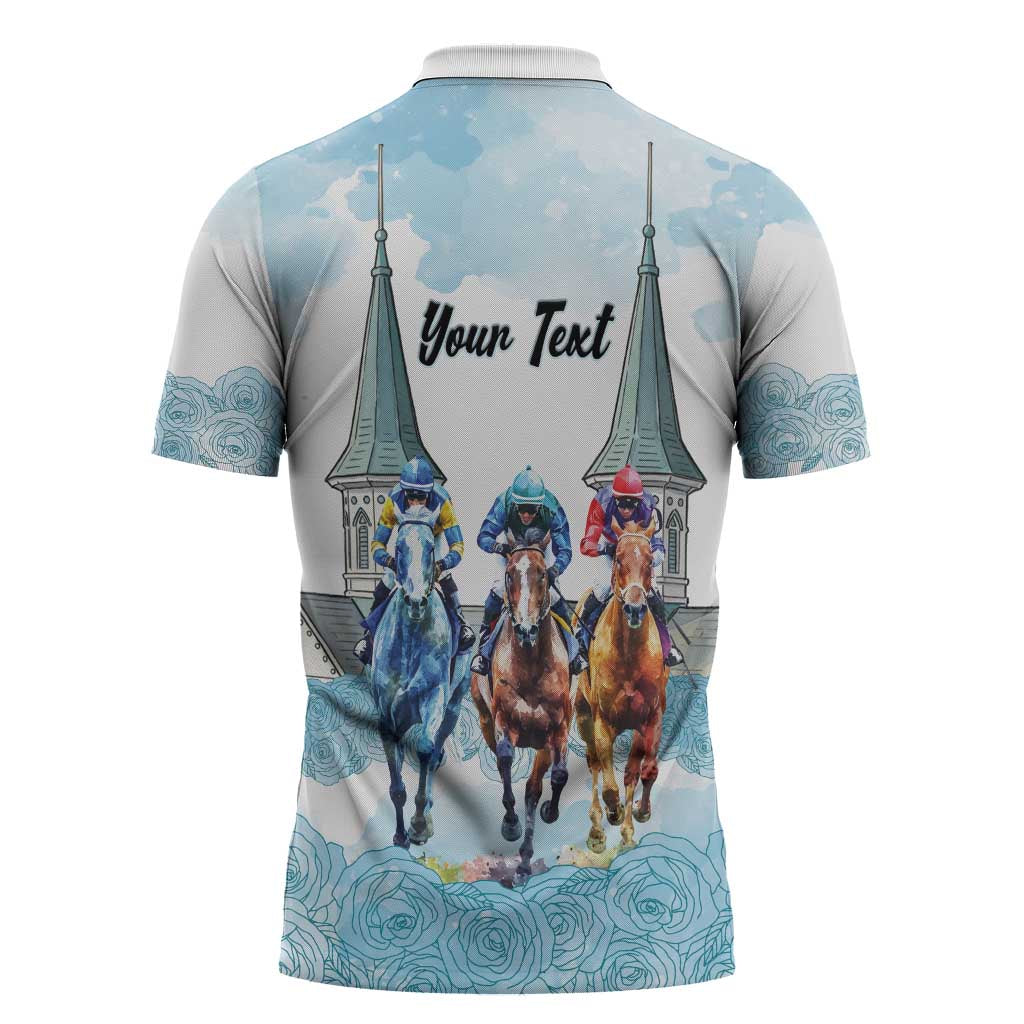 Kentucky Horse Racing Personalized Zipper Polo Shirt Churchill Downs Roses Pastel Blue
