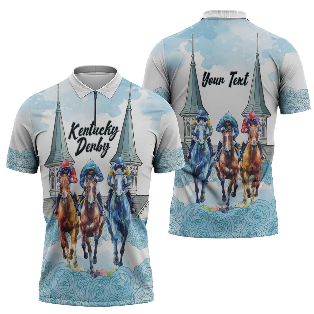Kentucky Horse Racing Personalized Zipper Polo Shirt Churchill Downs Roses Pastel Blue