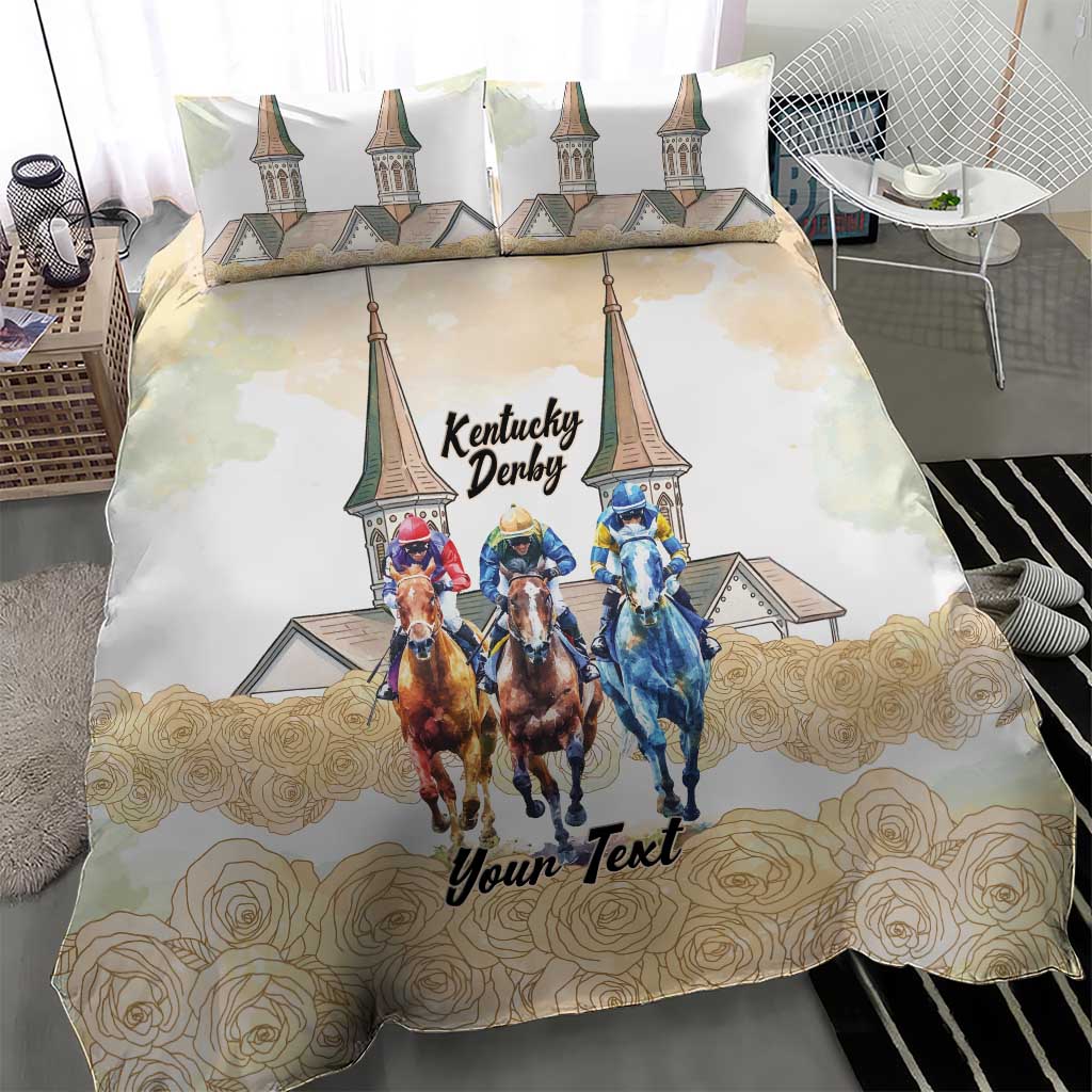 Kentucky Horse Racing Personalized Bedding Set Churchill Downs Roses Pastel Yellow