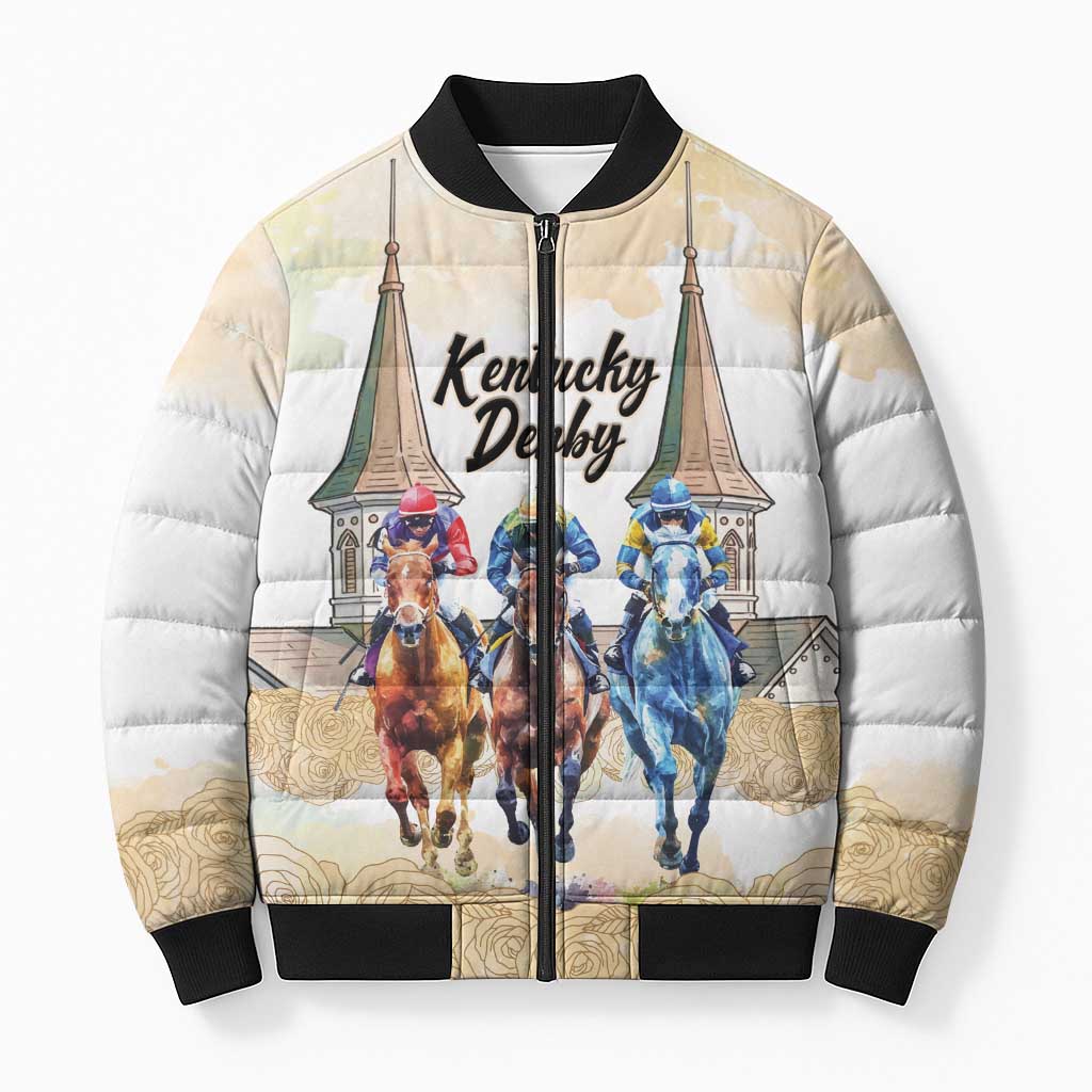 Kentucky Horse Racing Personalized Bomber Puffer Jacket Churchill Downs Roses Pastel Yellow