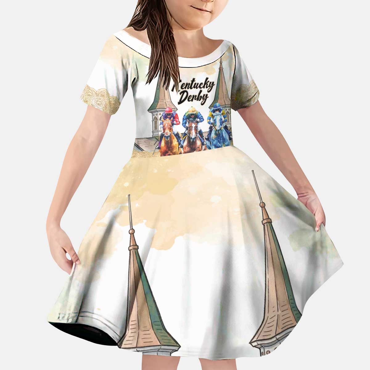 Kentucky Horse Racing Personalized Kid Short Sleeve Dress Churchill Downs Roses Pastel Yellow
