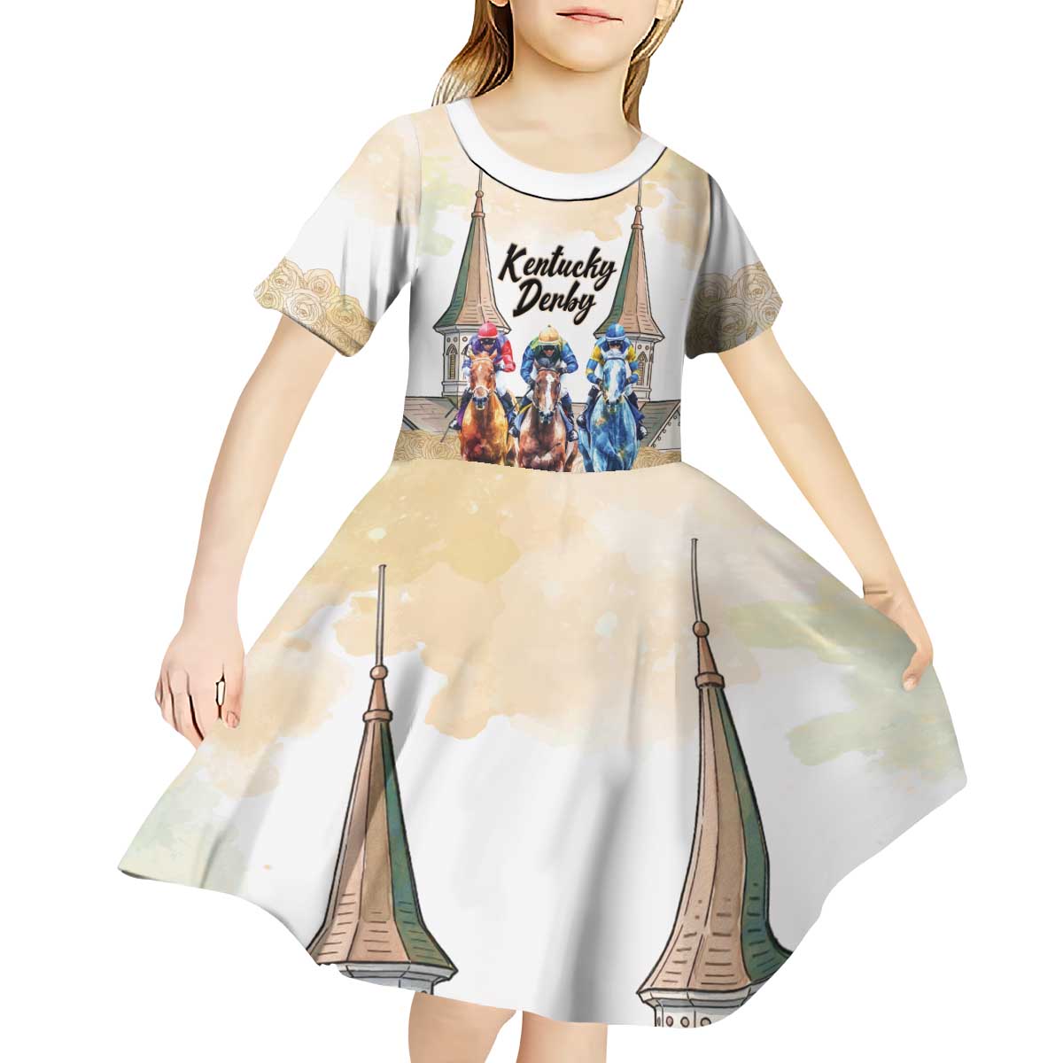 Kentucky Horse Racing Personalized Kid Short Sleeve Dress Churchill Downs Roses Pastel Yellow