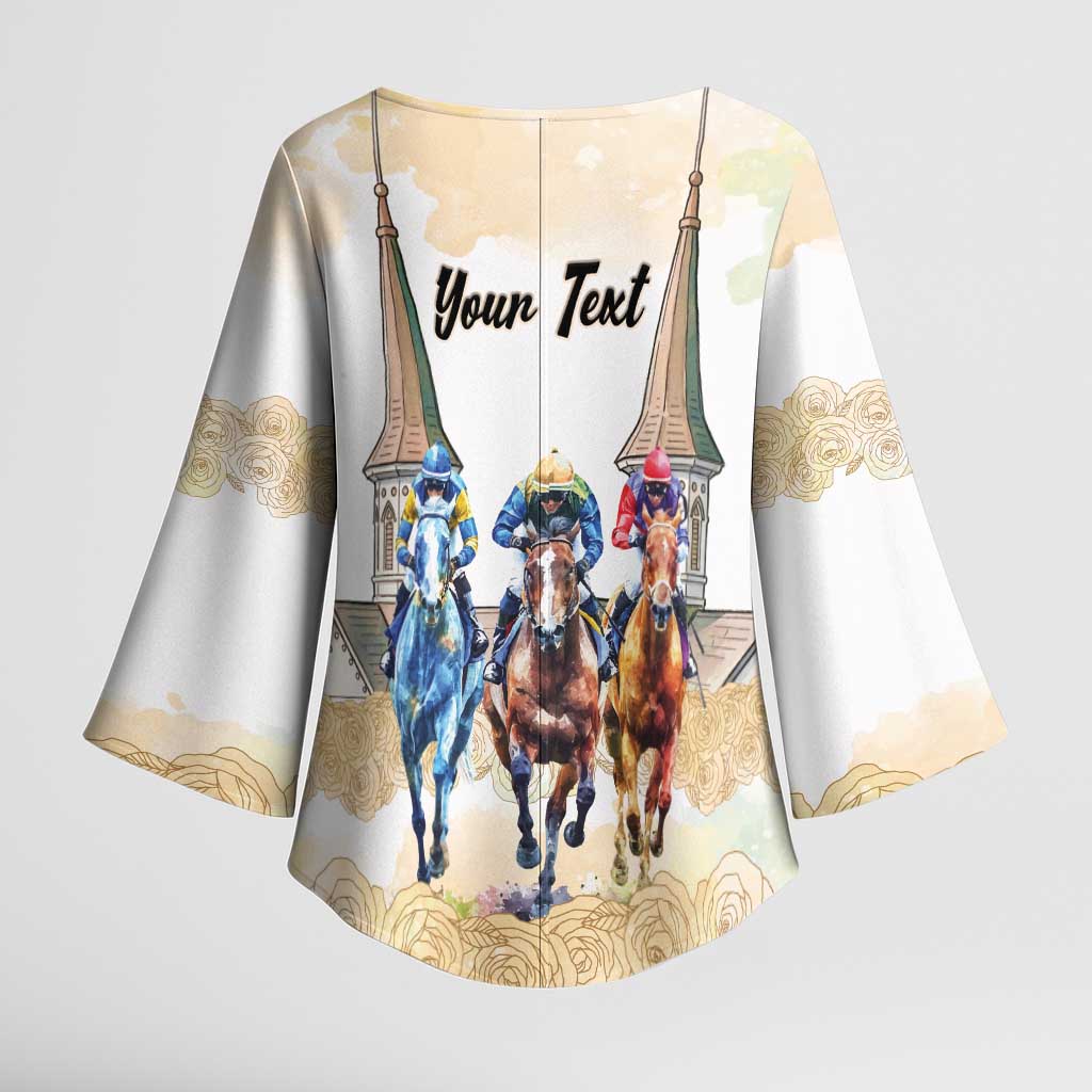 Kentucky Horse Racing Personalized Kimono Sleeve Blouse Churchill Downs Roses Pastel Yellow