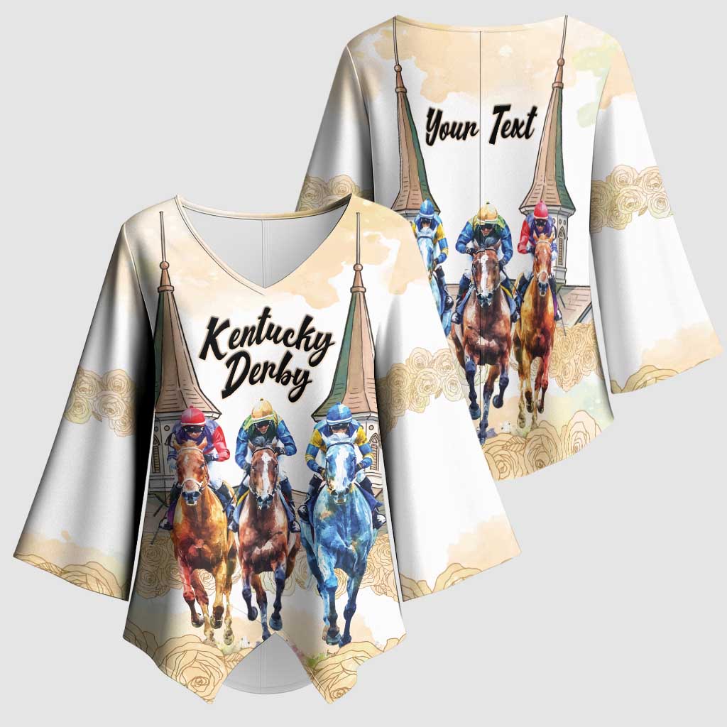 Kentucky Horse Racing Personalized Kimono Sleeve Blouse Churchill Downs Roses Pastel Yellow