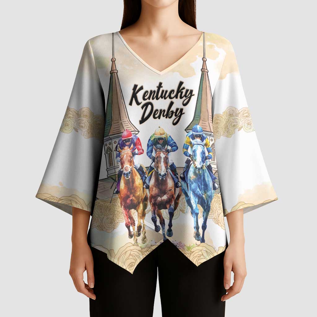 Kentucky Horse Racing Personalized Kimono Sleeve Blouse Churchill Downs Roses Pastel Yellow