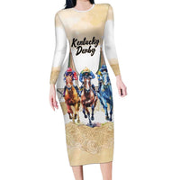 Kentucky Horse Racing Personalized Long Sleeve Bodycon Dress Churchill Downs Roses Pastel Yellow