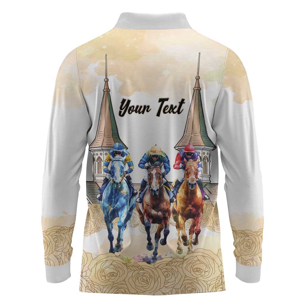 Kentucky Horse Racing Personalized Long Sleeve Polo Shirt Churchill Downs Roses Pastel Yellow
