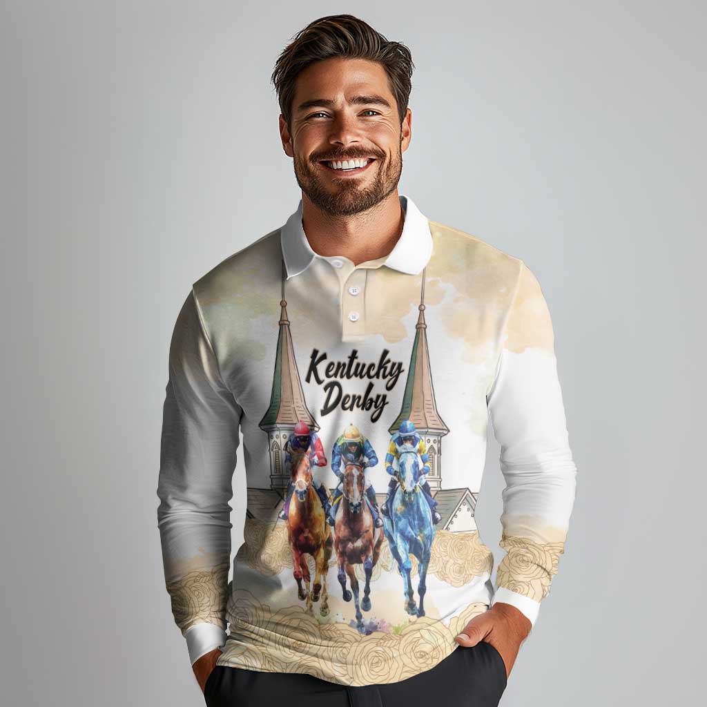 Kentucky Horse Racing Personalized Long Sleeve Polo Shirt Churchill Downs Roses Pastel Yellow