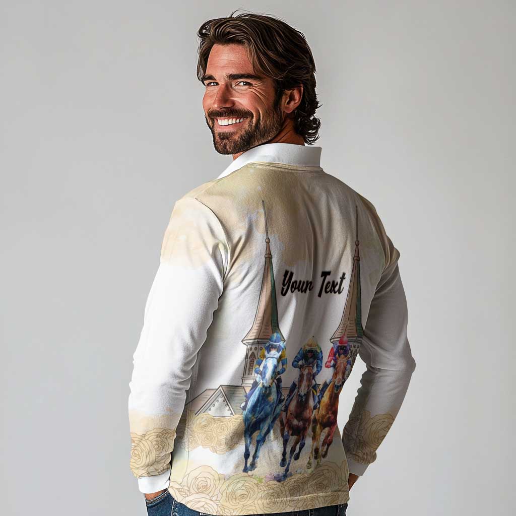Kentucky Horse Racing Personalized Long Sleeve Polo Shirt Churchill Downs Roses Pastel Yellow