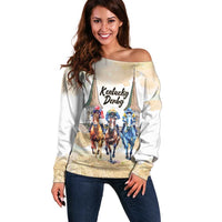 Kentucky Horse Racing Personalized Off Shoulder Sweater Churchill Downs Roses Pastel Yellow