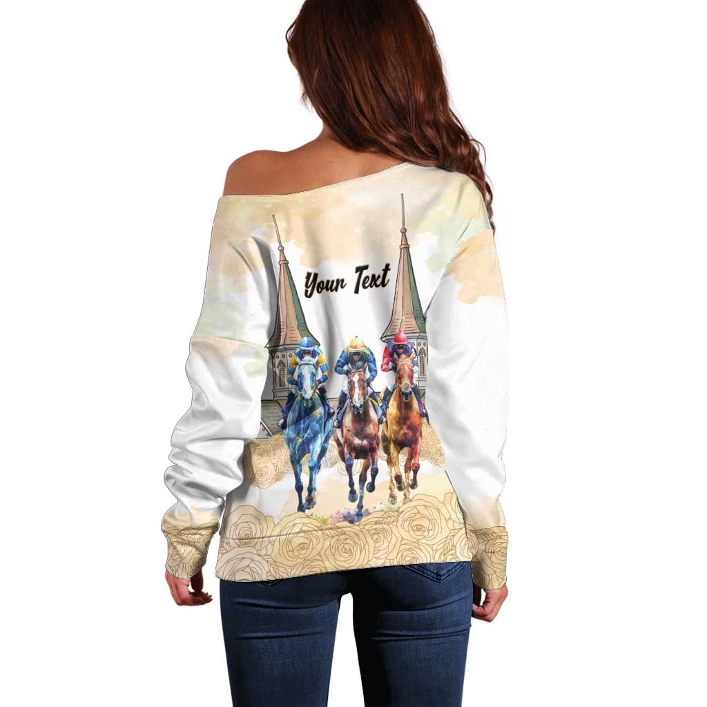 Kentucky Horse Racing Personalized Off Shoulder Sweater Churchill Downs Roses Pastel Yellow