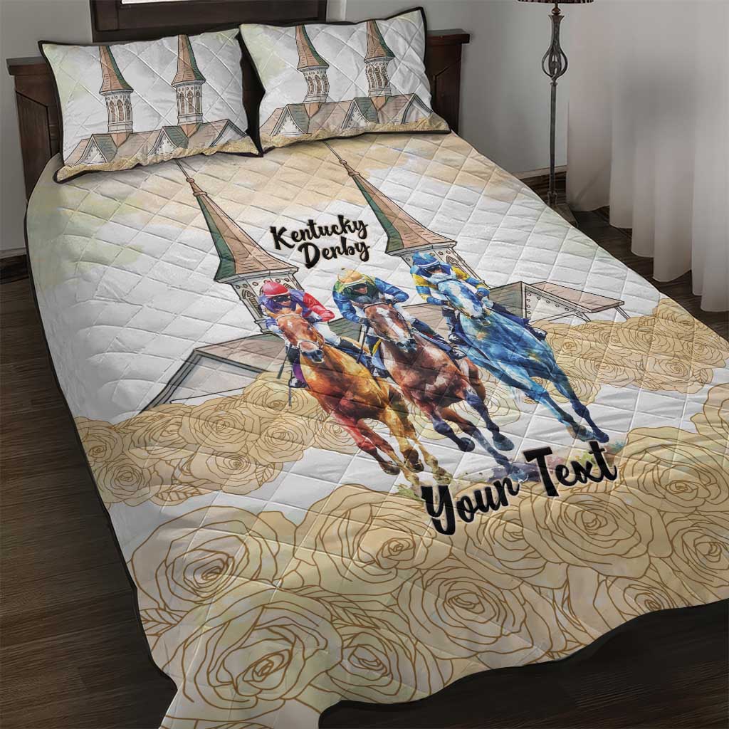 Kentucky Horse Racing Personalized Quilt Bed Set Churchill Downs Roses Pastel Yellow
