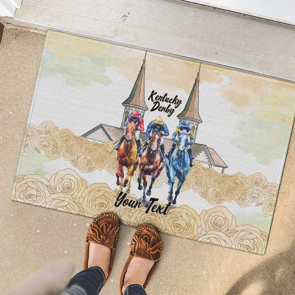 Kentucky Horse Racing Personalized Rubber Doormat Churchill Downs Roses Pastel Yellow