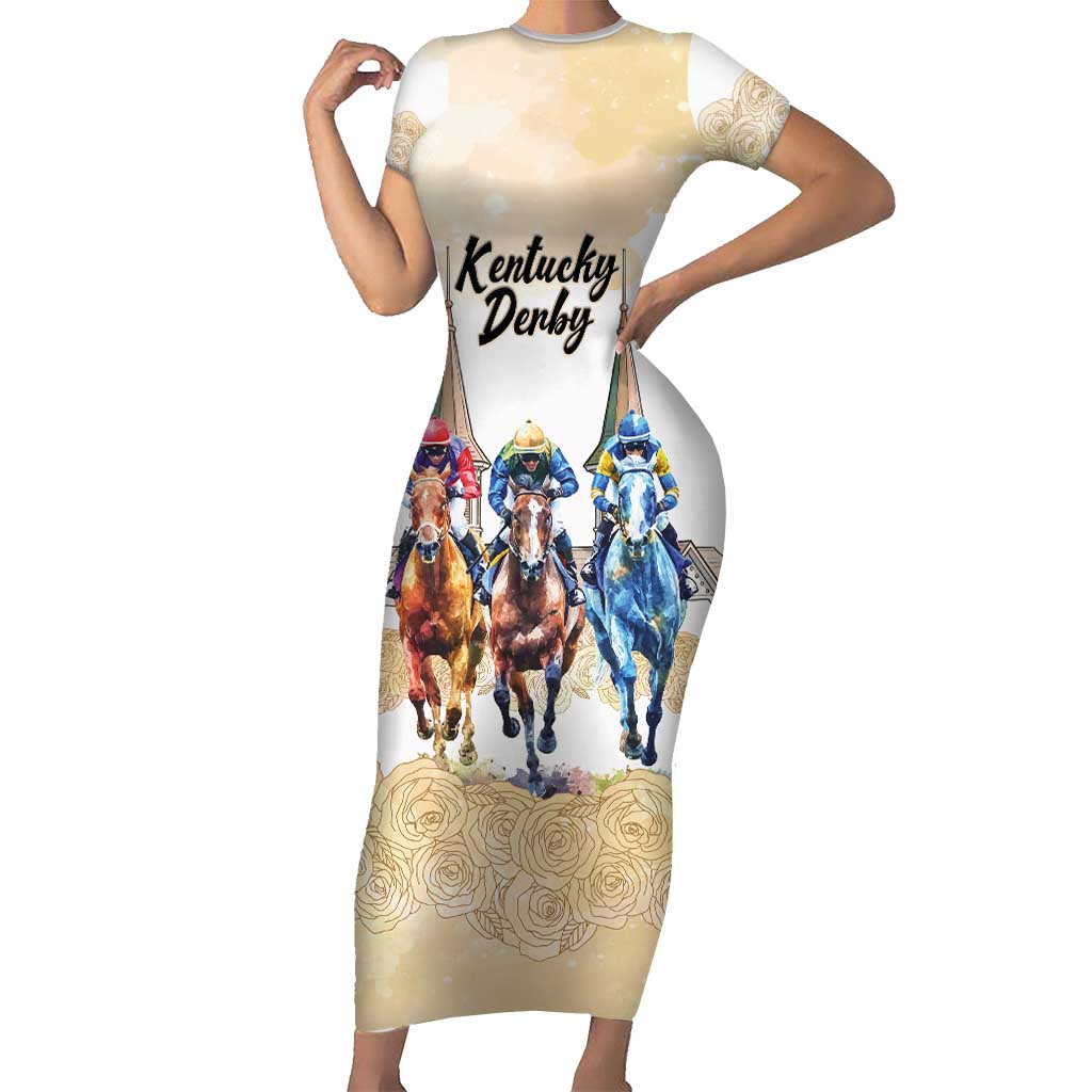 Kentucky Horse Racing Personalized Short Sleeve Bodycon Dress Churchill Downs Roses Pastel Yellow