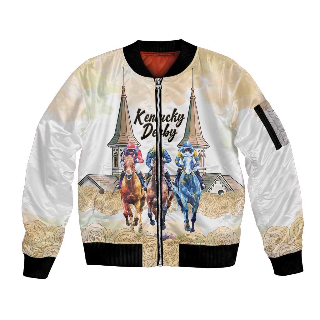 Kentucky Horse Racing Personalized Sleeve Zip Bomber Jacket Churchill Downs Roses Pastel Yellow