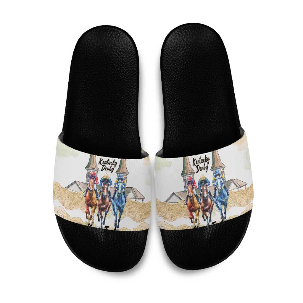 Kentucky Horse Racing Personalized Slide Sandals Churchill Downs Roses Pastel Yellow