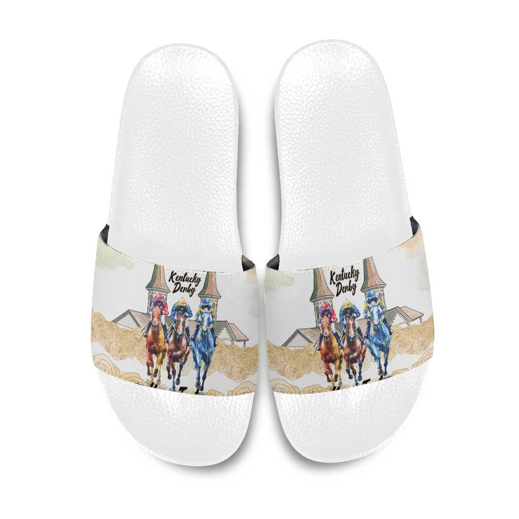 Kentucky Horse Racing Personalized Slide Sandals Churchill Downs Roses Pastel Yellow